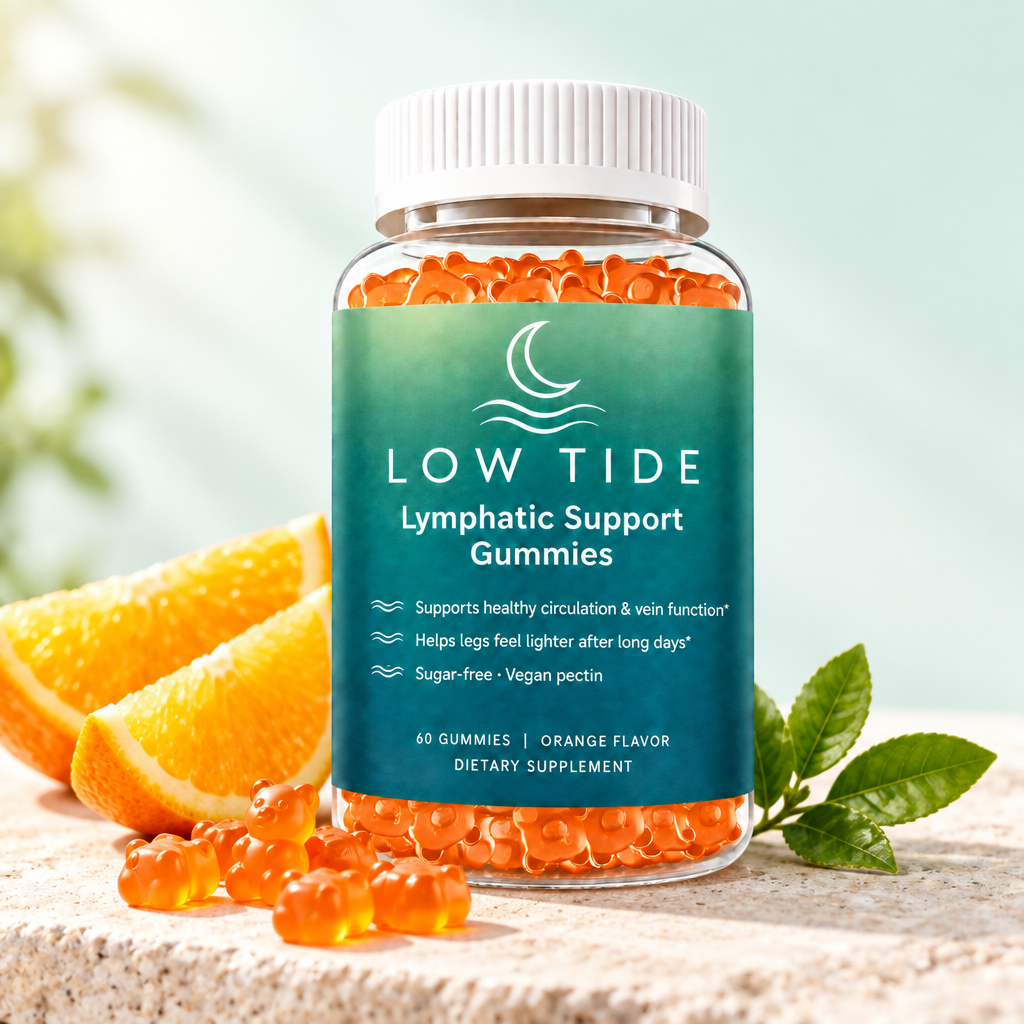 Low Tide bottle with orange slices and gummies
