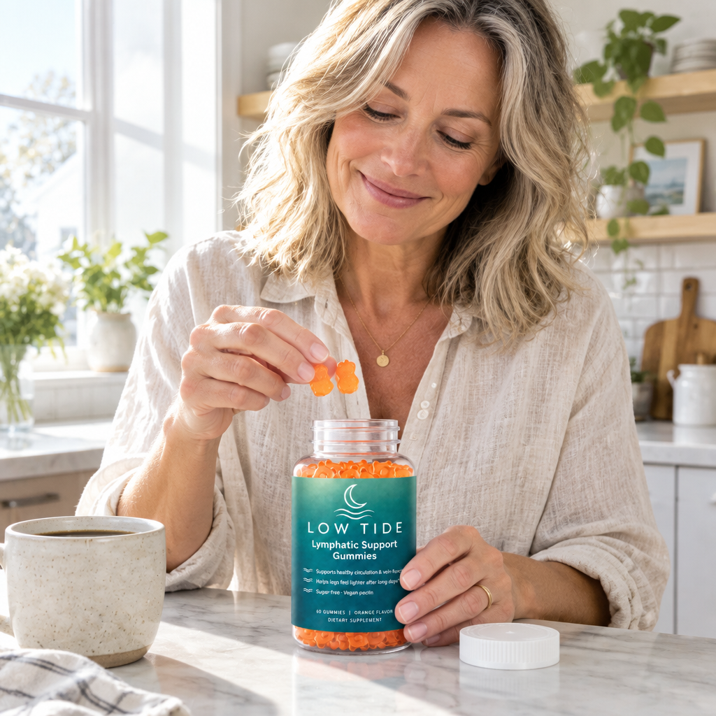 Woman taking two Low Tide gummies in the morning