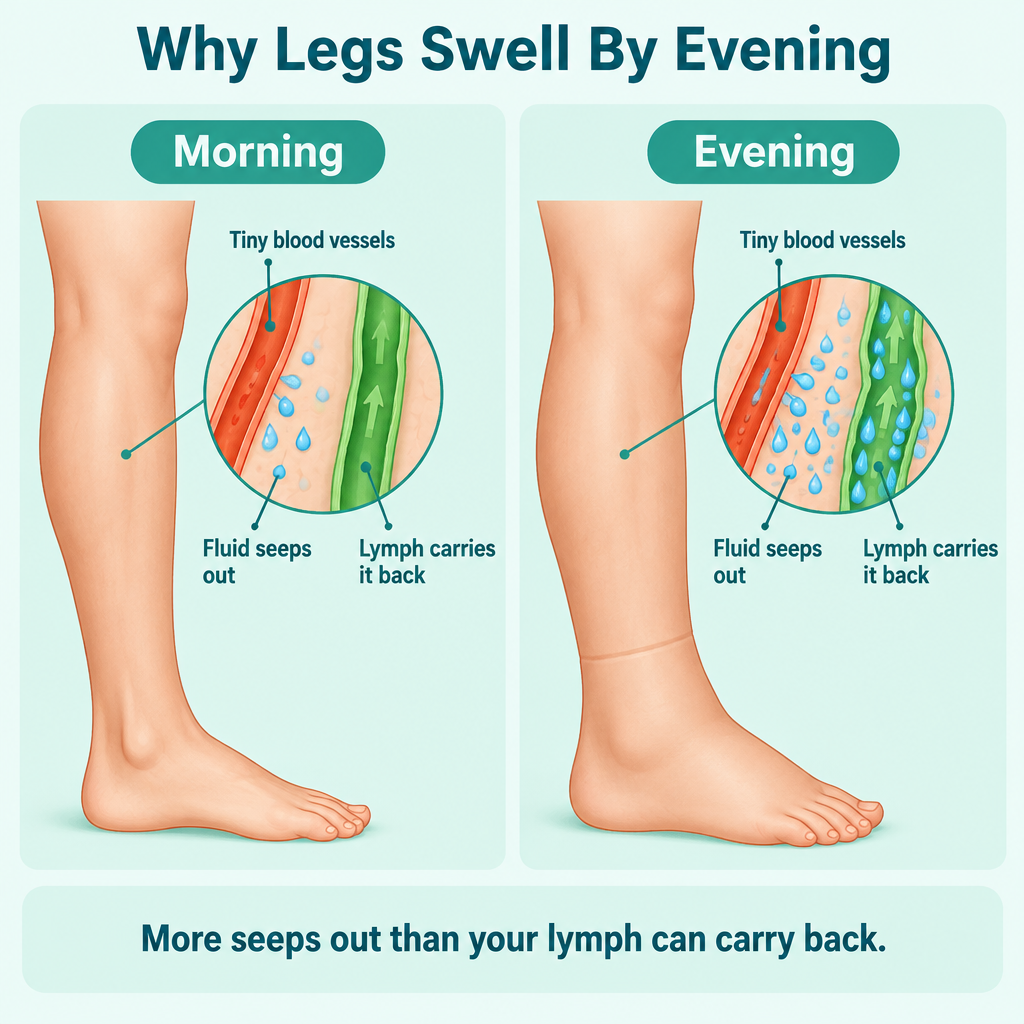 Why legs swell by evening: fluid seeps out faster than lymph carries it back