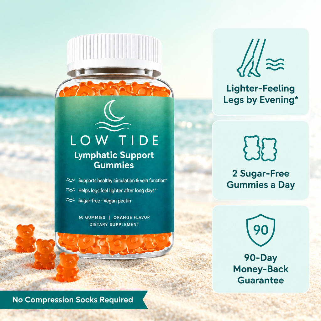 Low Tide benefits: lighter-feeling legs by evening, 2 sugar-free gummies a day, 90-day guarantee